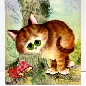 New Old Stock George Buckett 1960s Litho Print Cat and Mushrooms 8 x 10 in